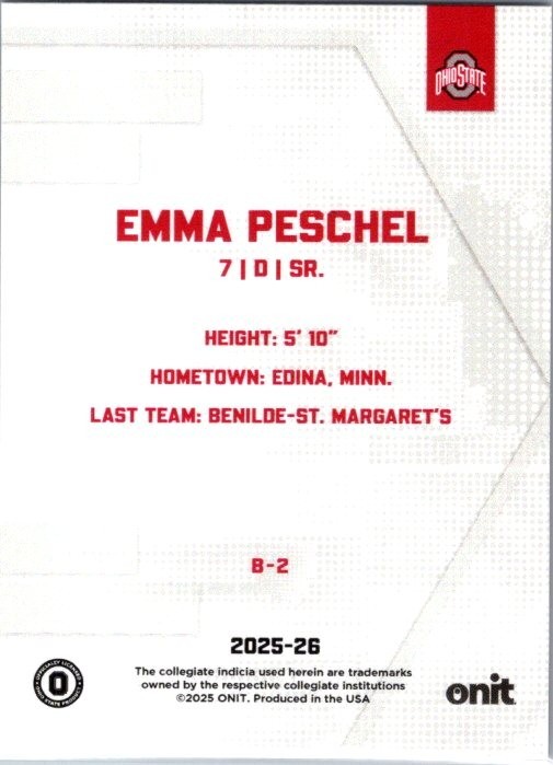 2025-26 ONIT NIL Ohio State Women’s Hockey #B-2 Emma Peschel Red Parallel 12/25