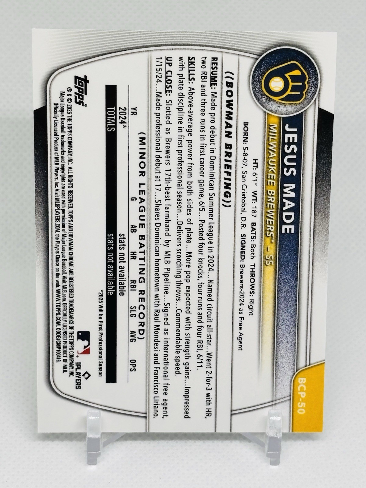 2025 Bowman – Chrome Prospects Jesus Made #BCP-50 Rookie 1st Bowman Brewers RC