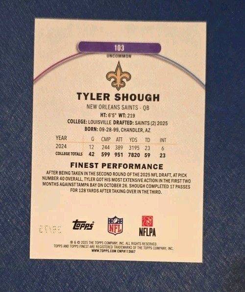 2025 Topps Finest Tyler Shough Blue X-Fractor /75 Saints QB Rookie Not Signed