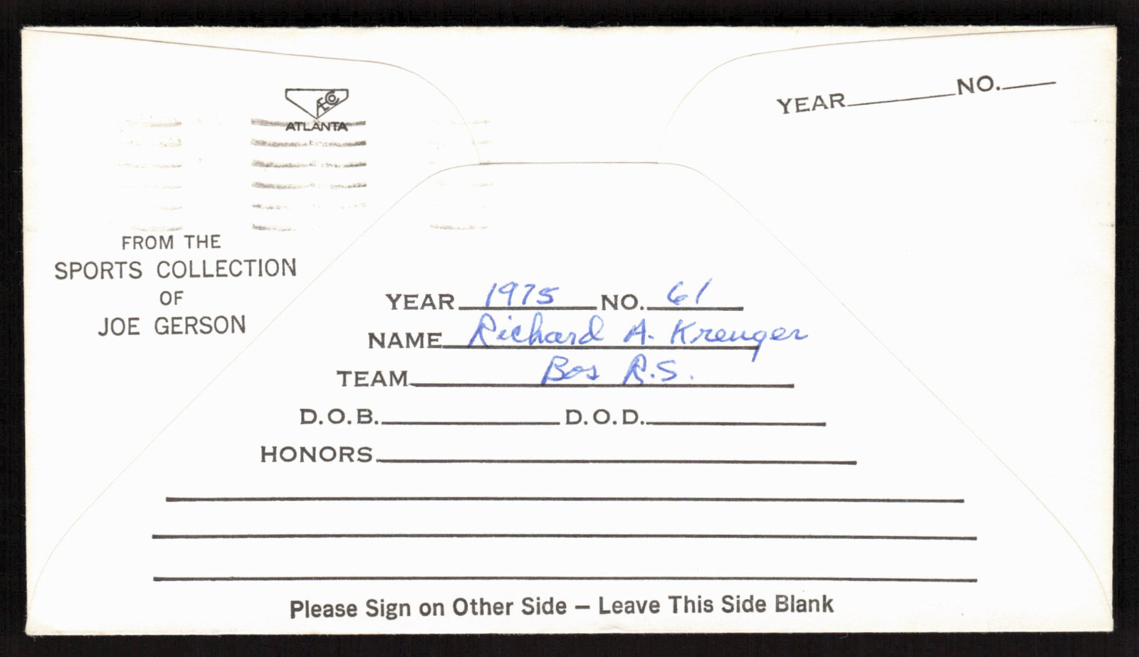 Rick Kreuger Signed Baseball Postal Envelope Boston Red Sox Autograph
