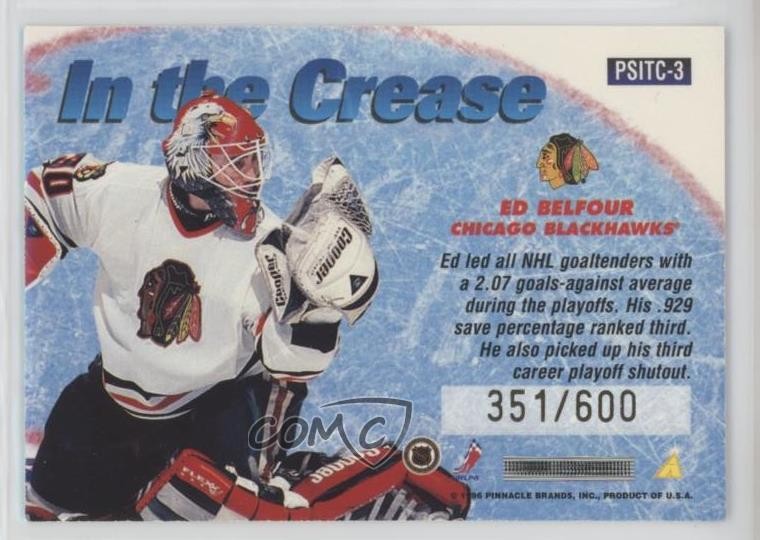 1996-97 Pinnacle Summit in the Crease Premium Stock 351/600 Ed Belfour HOF 0u7i