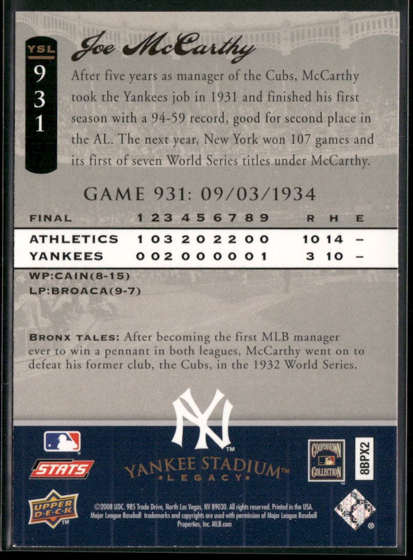 Joe McCarthy 2008 Upper Deck Yankee Stadium Legacy #931 Z1