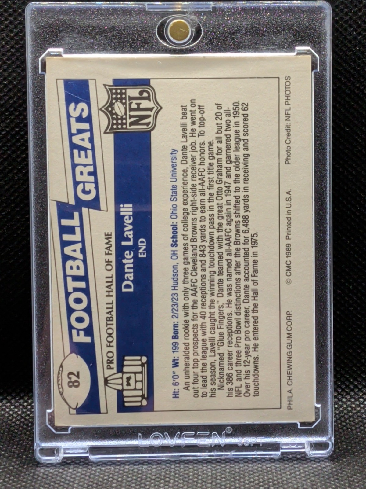 1989 SWELL FOOTBALL H.O.F. GREATS DANTE LAVELLI AUTOGRAPHED FOOTBALL CARD