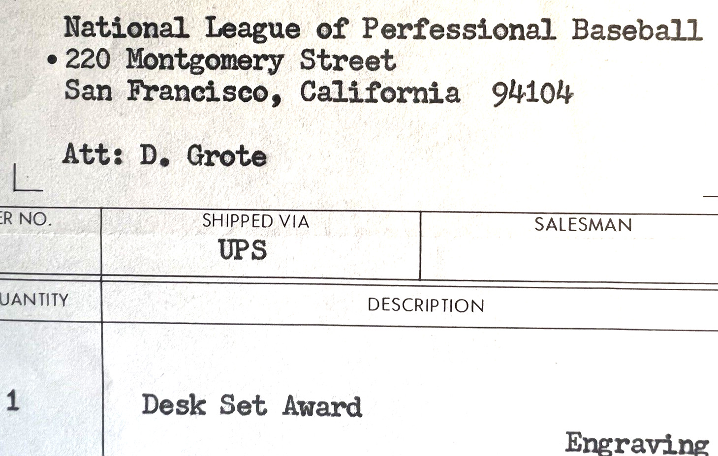 MLB ONE-OF-A-KIND NL INVOICE FOR CESAR CEDENO’S JUNE 1972 PLAYER OF MONTH AWARD!