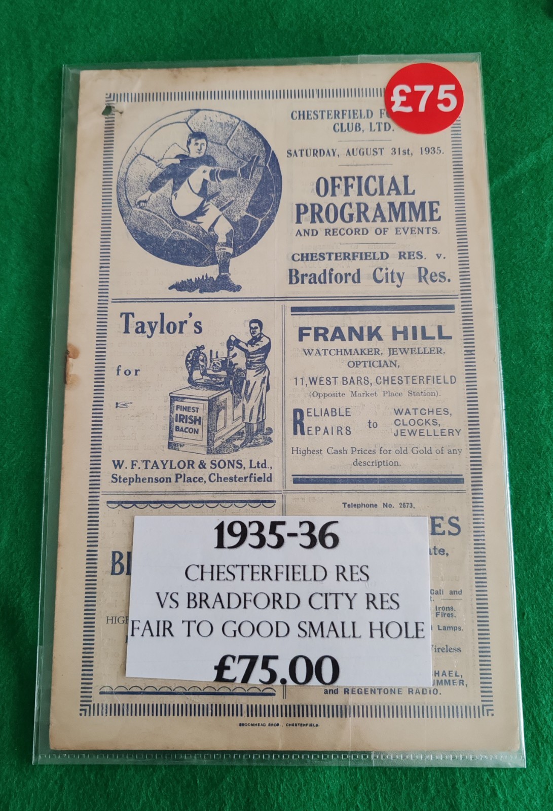 1935/36 Chesterfield Reserves V Bradford City Res. Good, Pin Hole Slc Programme