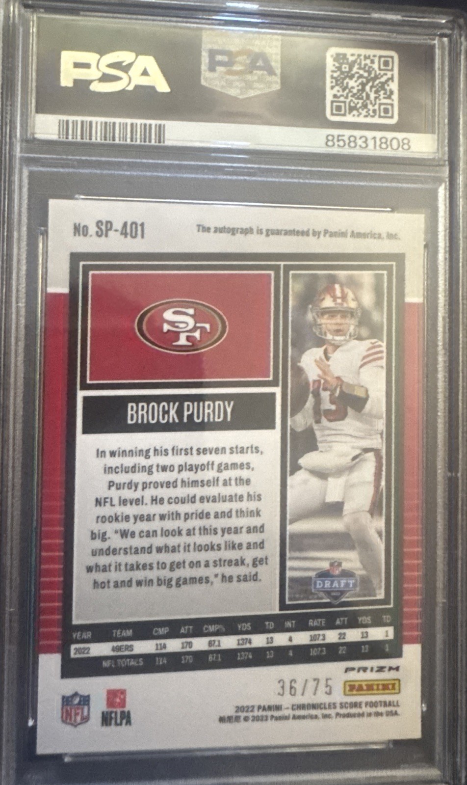 2022 Chronicles Score Premium Rookies SP-401 Brock Purdy (RC) Auto PSA 9 36/75🔥