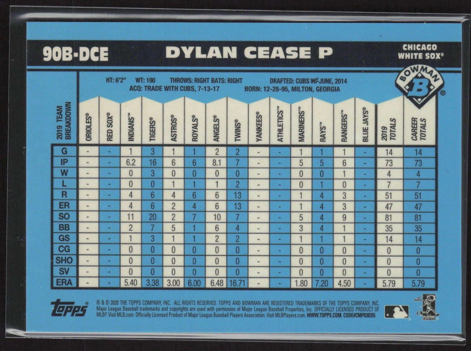 2020 Bowman #90B-DCE Dylan Cease 1990 Bowman Atomic Refractor #/150 RC