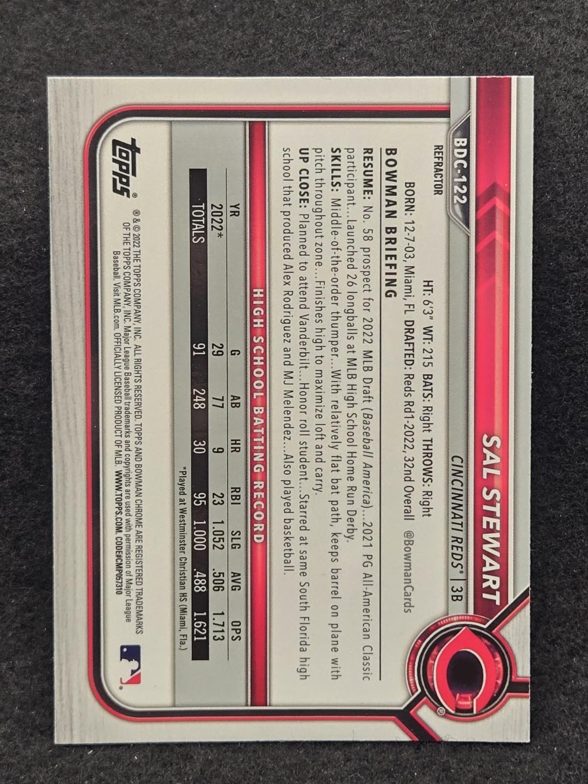 2022 Bowman Chrome Draft Sal Stewart Bowman 1st Refractor Reds BDC-122.