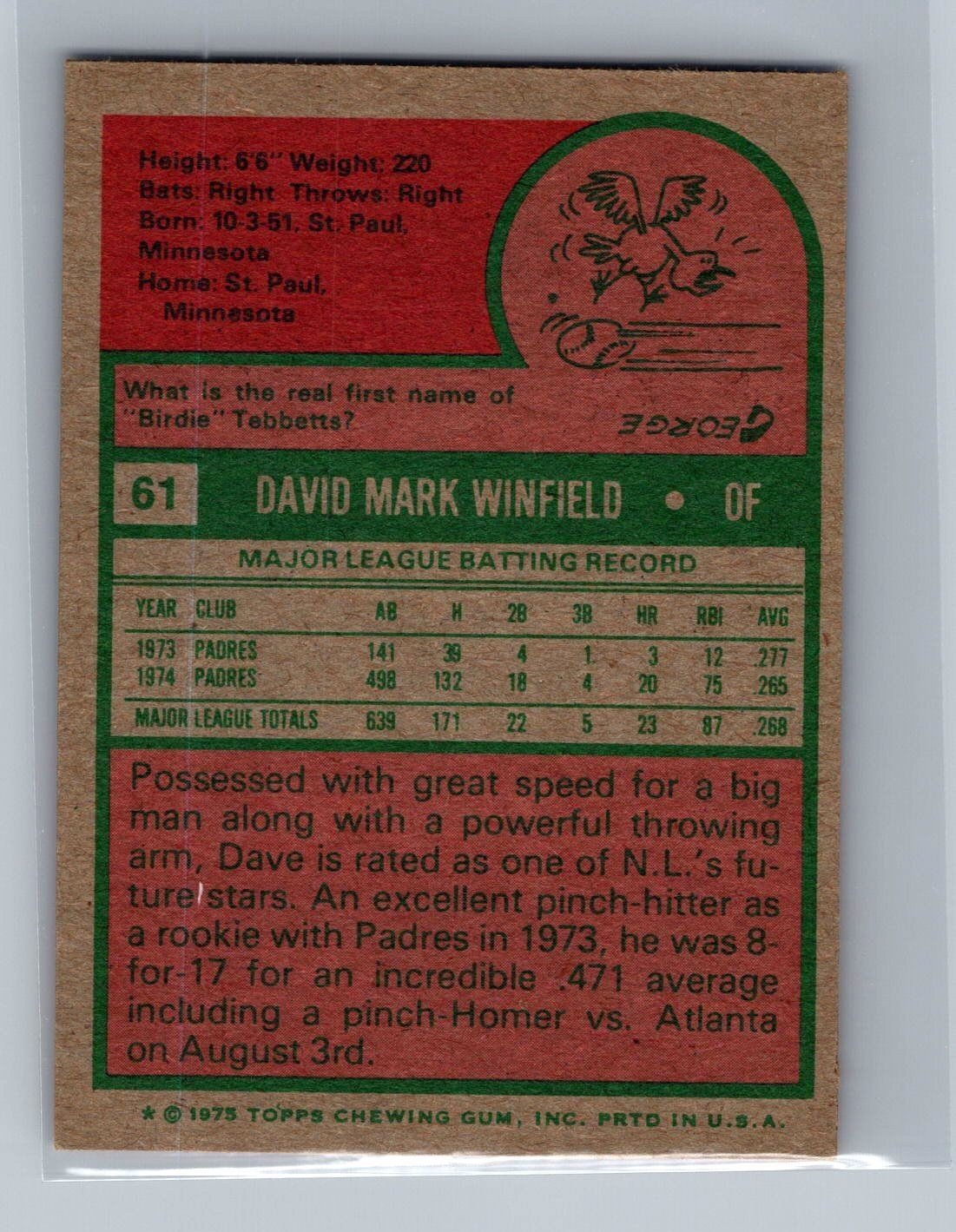 Dave Winfield Padres 1975 Topps MINI #61 HOF Vintage Baseball Card