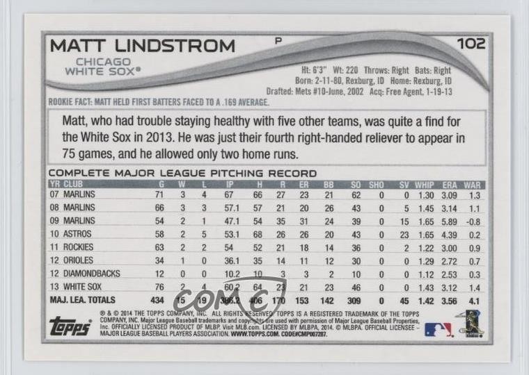 2014 Topps Access Pass Redemption 1st Edition /10 Matt Lindstrom #102 1h1
