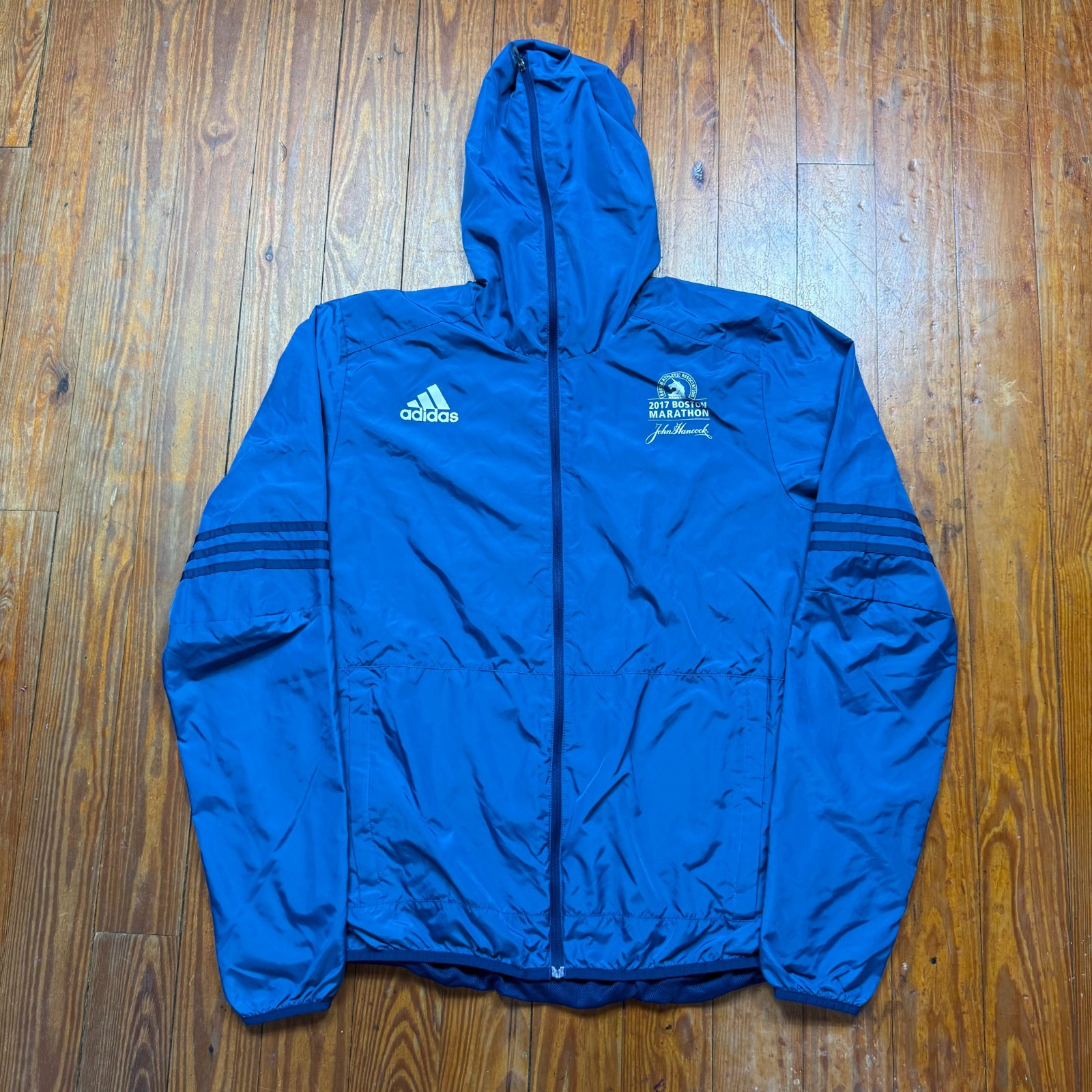 Boston Marathon 2017 Hooded Jacket Mens M Blue John Hancock Adidas Climaproof