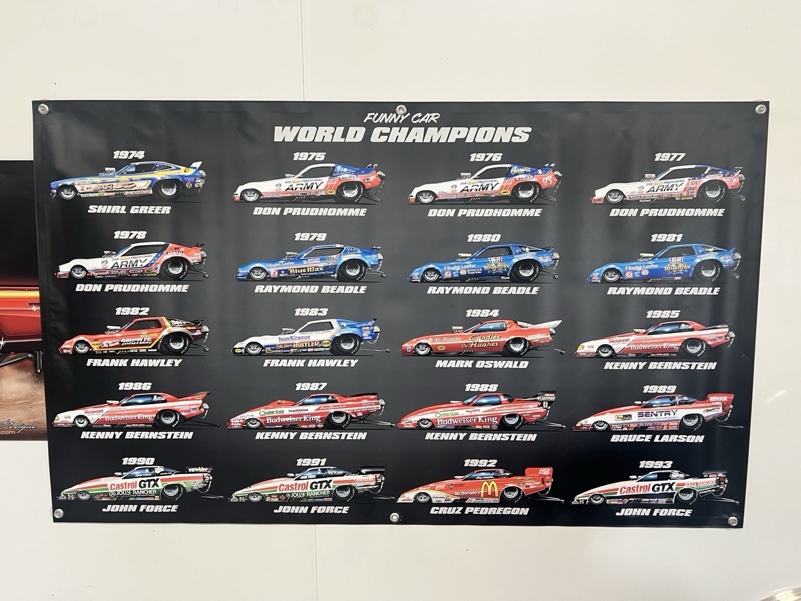 NHRA 1974-1993 Funny Car Champs Shop Banner 5ft.X3ft. 18oz w grommets (001)