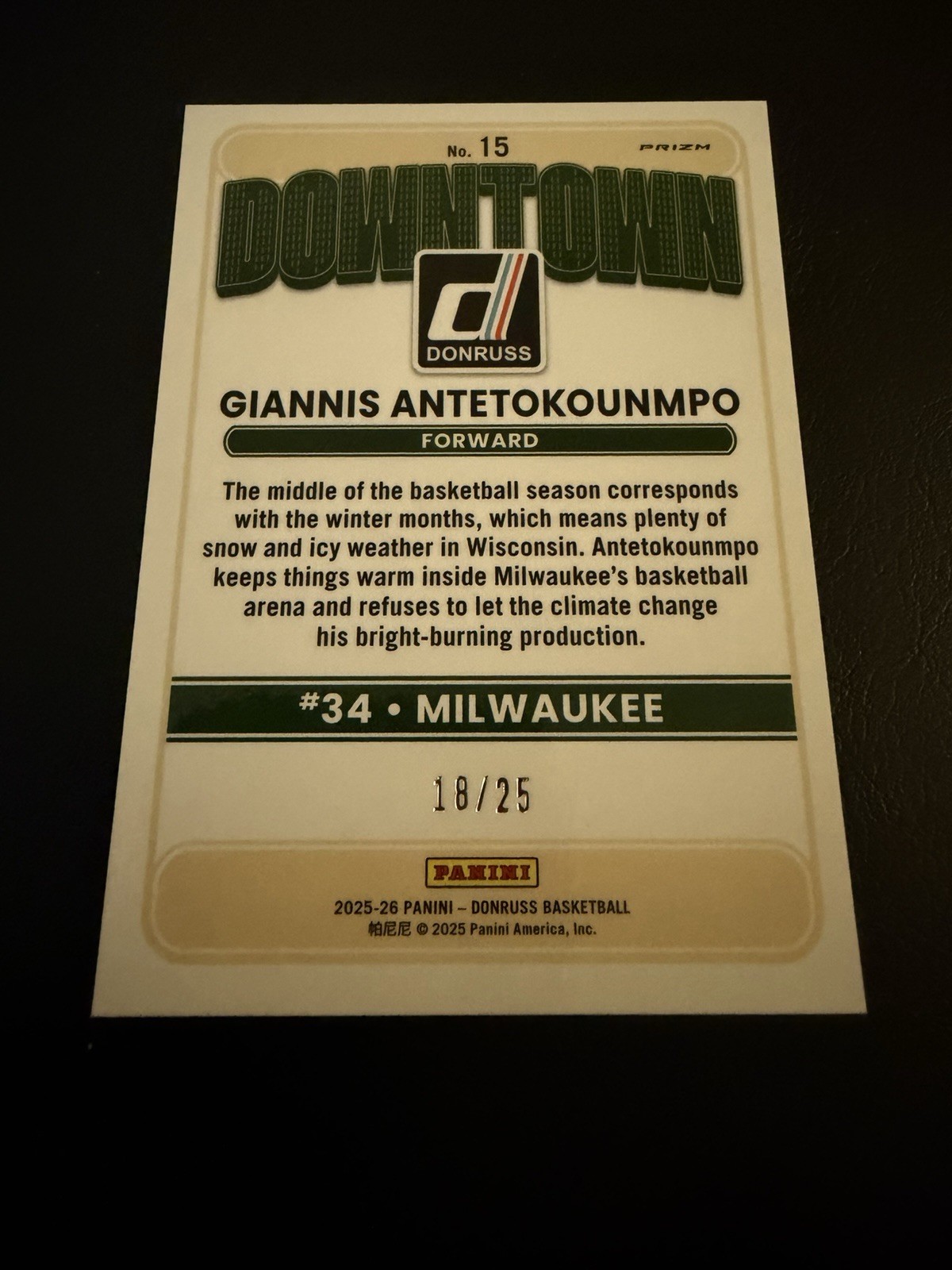 2025-26 Panini Donruss – Downtown Giannis Antetokounmpo #15 Black Pandora Prizm