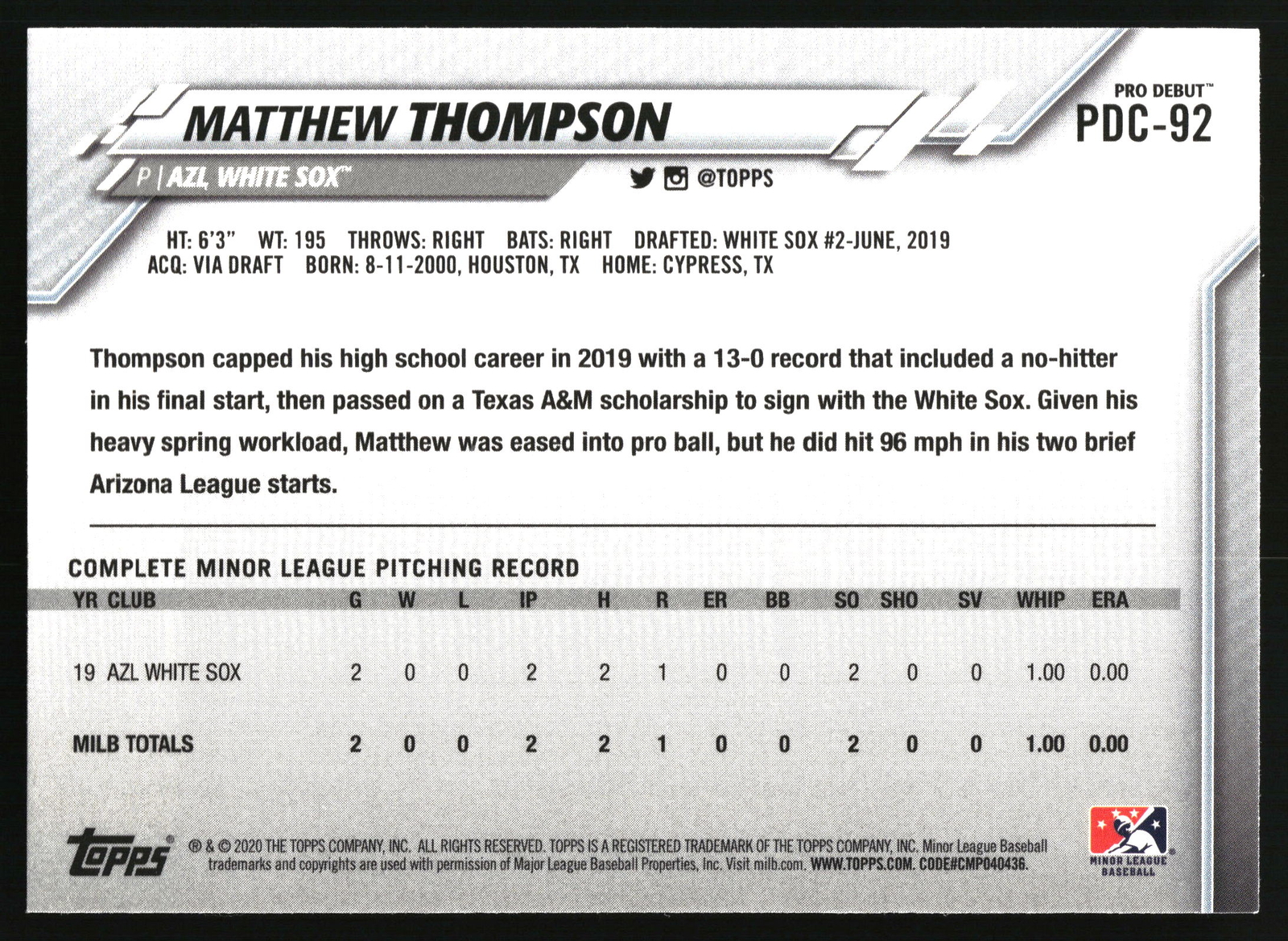 2020 Topps Pro Debut #PDC-92 Matthew Thompson Chrome AZL White Sox