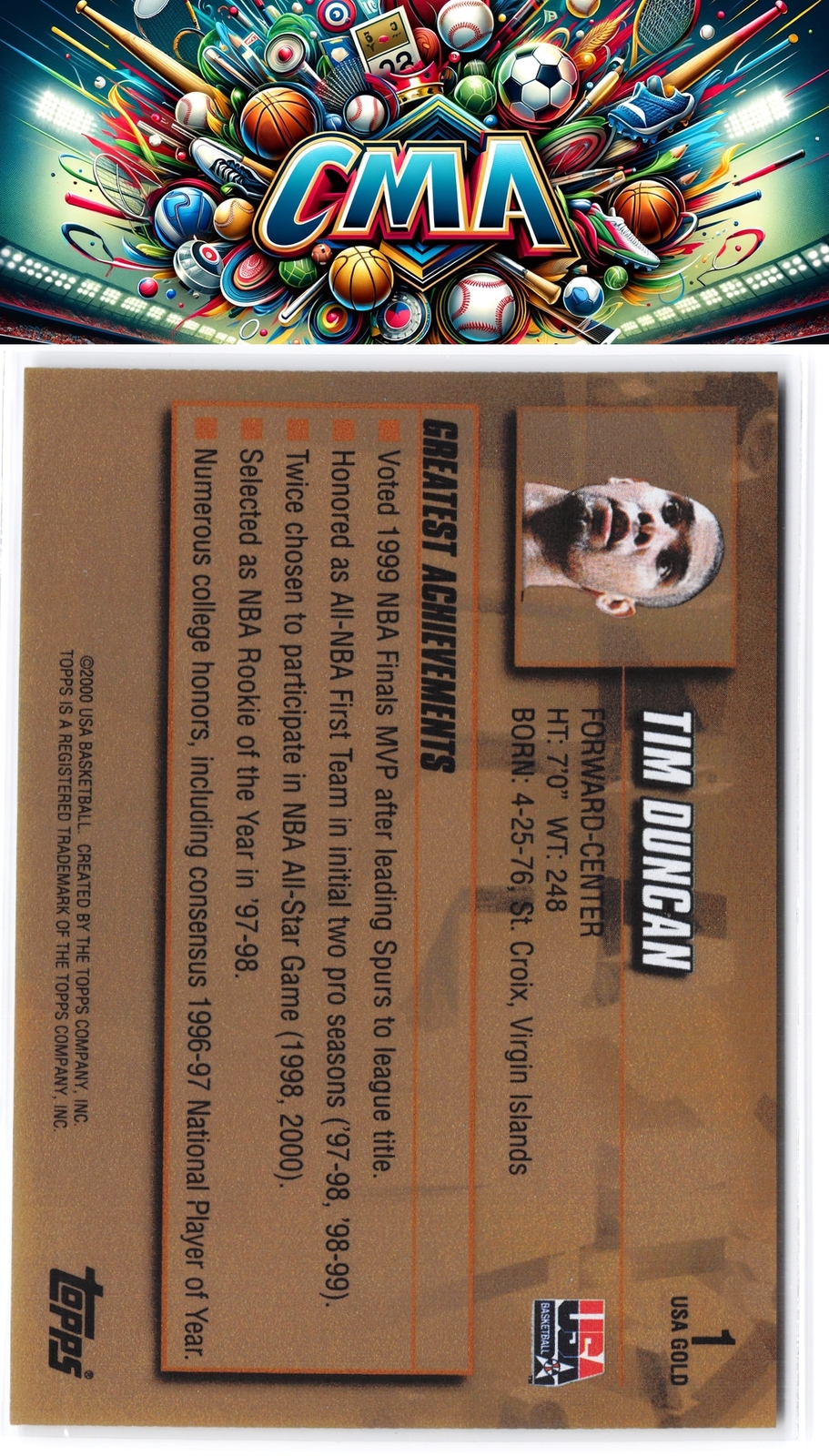 2000 Topps Team USA #1 Tim Duncan Gold