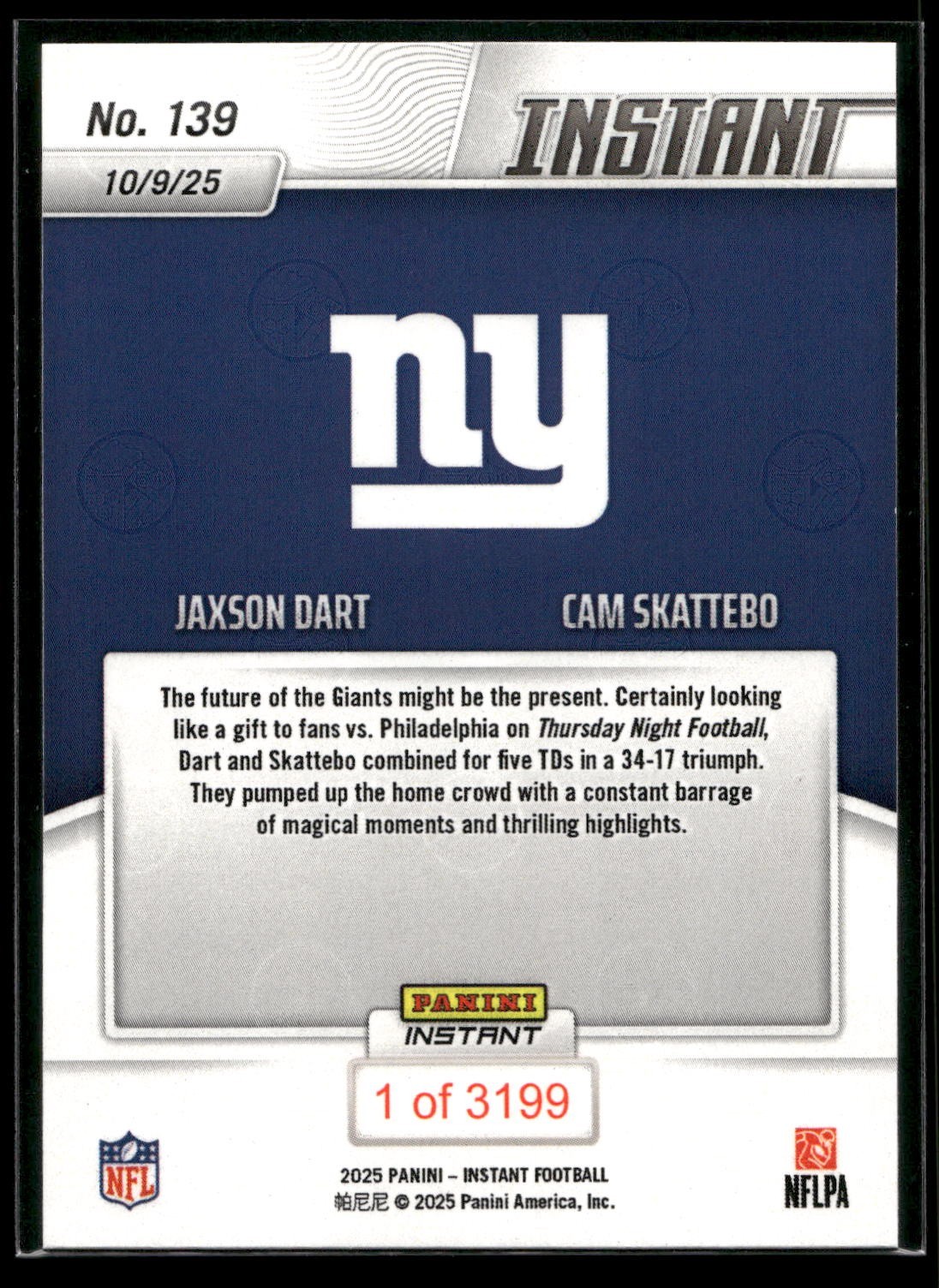2025 Panini Instant NFL Jaxson Dart/Cam Skattebo ROOKIE CARD SP Giants #139 RC