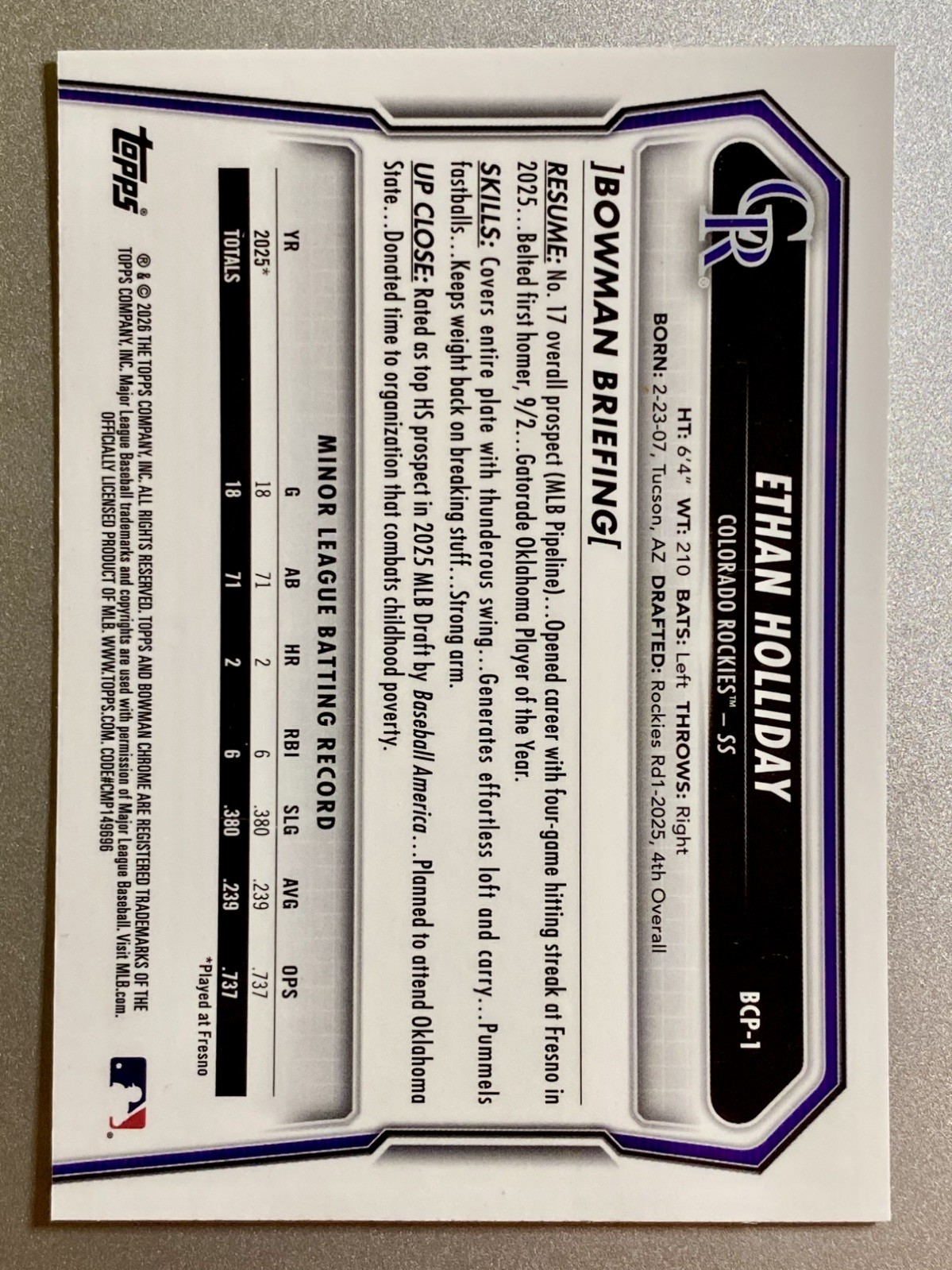 2026 Bowman Chrome Ethan Holliday #BCP-1 Mojo Refractor 1st Bowman ~ Rockies