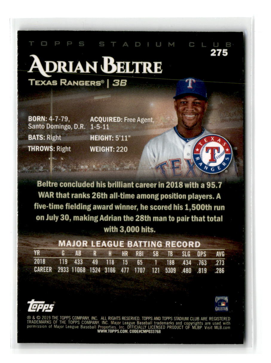2019 Stadium Club – #275 – Adrian Beltre Red Foil – Texas Rangers