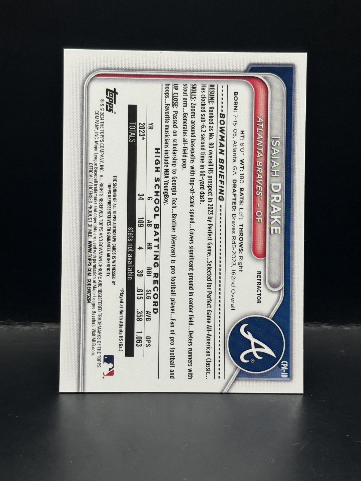 #CPA-ID Isaiah Drake 2024 Bowman SN,AU Auto #/499 Braves Chrome Auto Refractors
