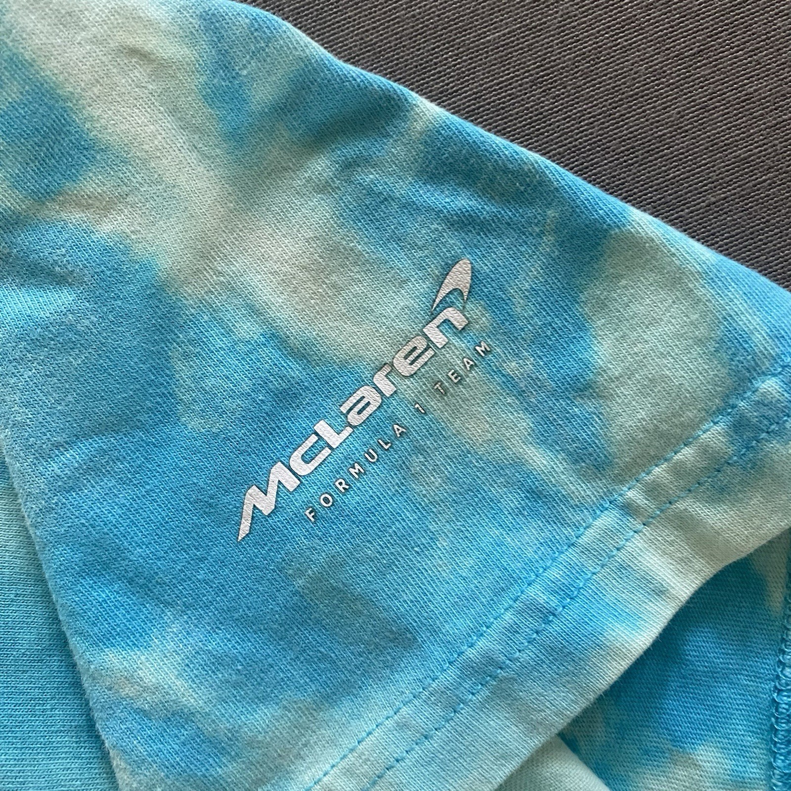 McLaren Formula 1 Team Miami T Shirt Mens Large Light Blue Bleach Dye F1