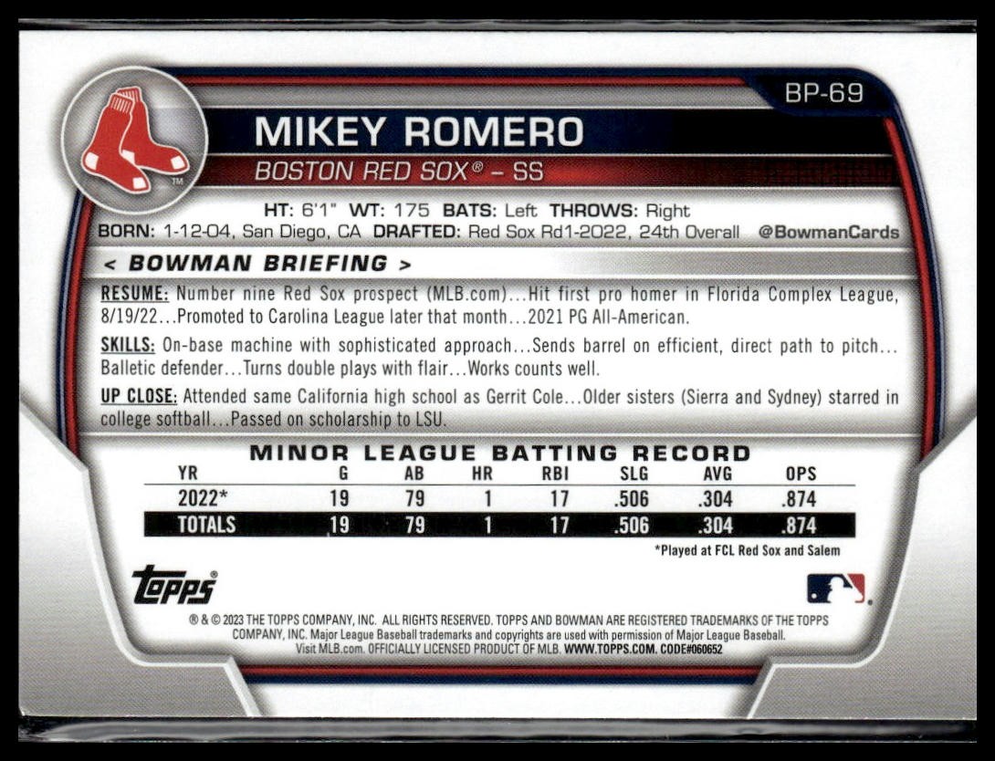 2023 Bowman #BP-69 Mikey Romero Prospects Blue #/150