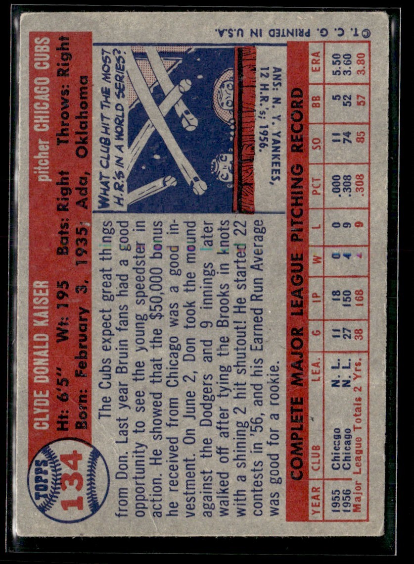 1957 Topps Don Kaiser LOW GRADE Set Break #134