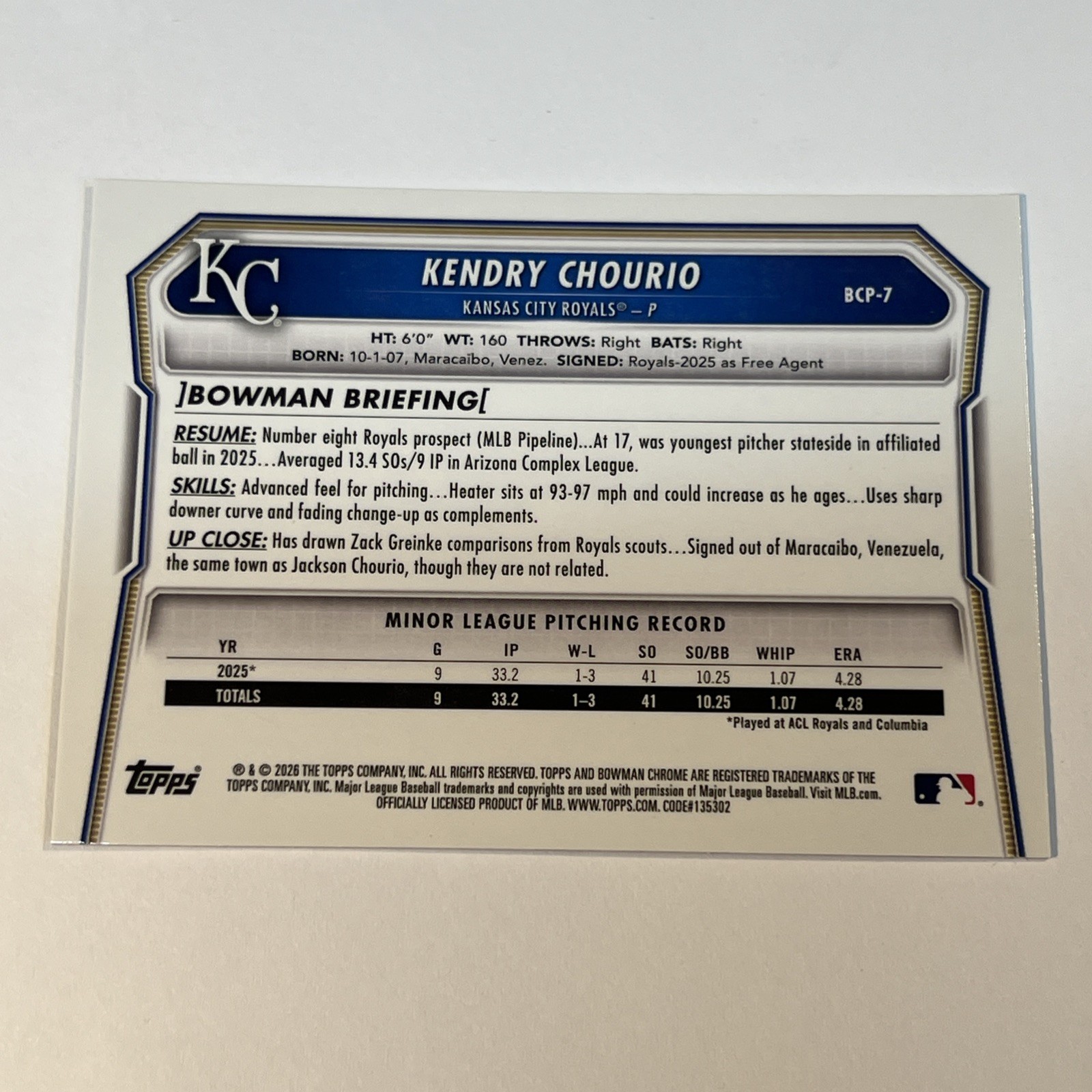 Kendry Chourio 2026 Bowman Chrome 1st Sapphire Edition #bcp-7 RC Royals
