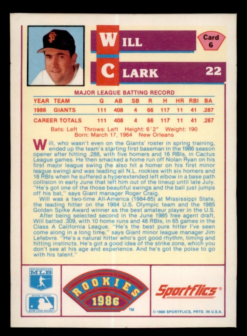 1986 SPORTFLICS #6 WILL CLARK ROOKIE RC