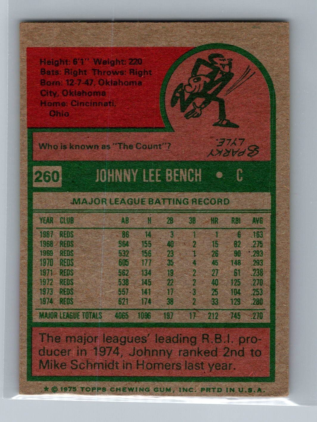 Johnny Bench Cincinnati Reds 1975 Topps MINI NL All Star Catcher #260