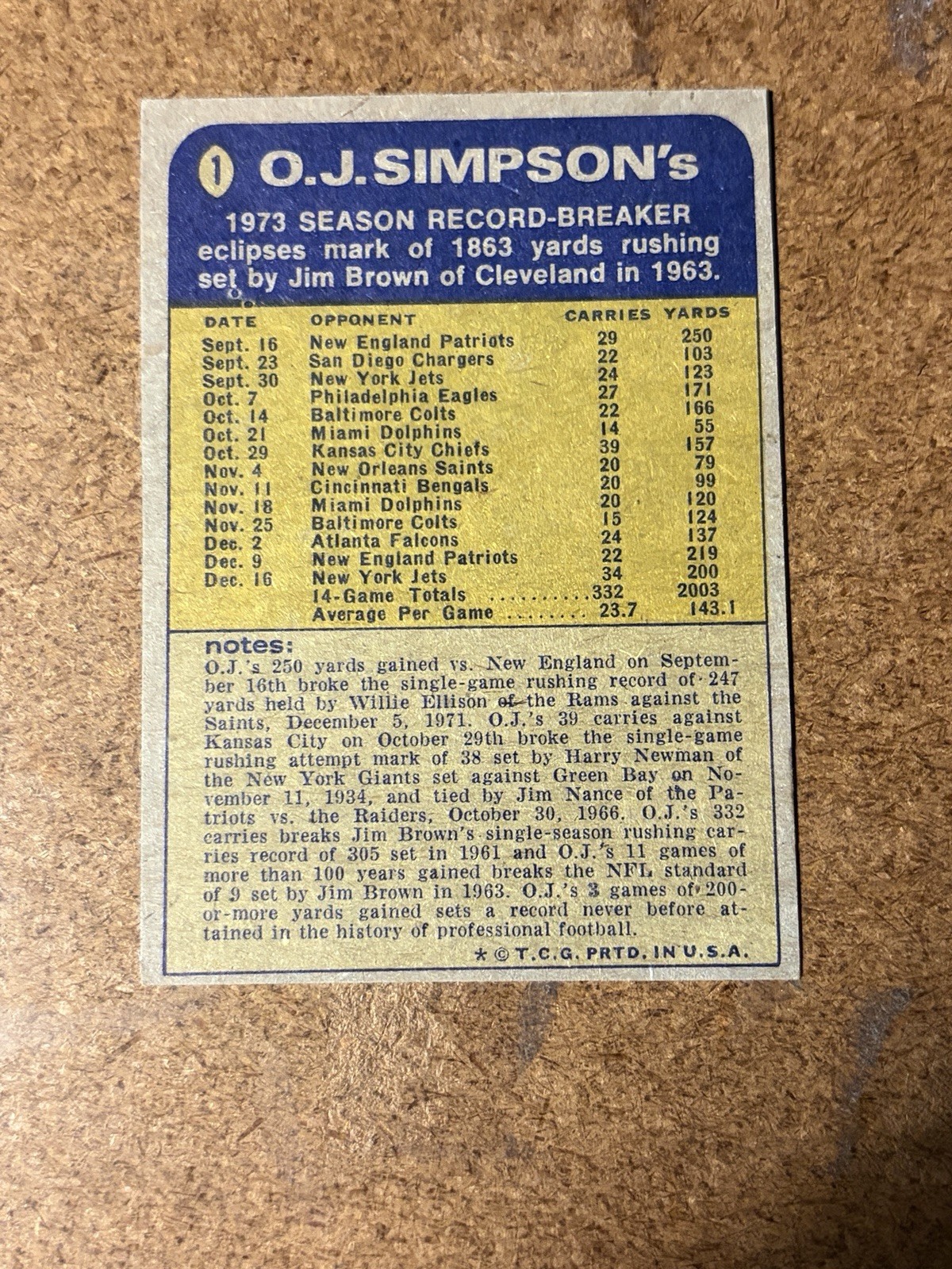 OJ Simpson 1974 Topps Record Breaker Card #1