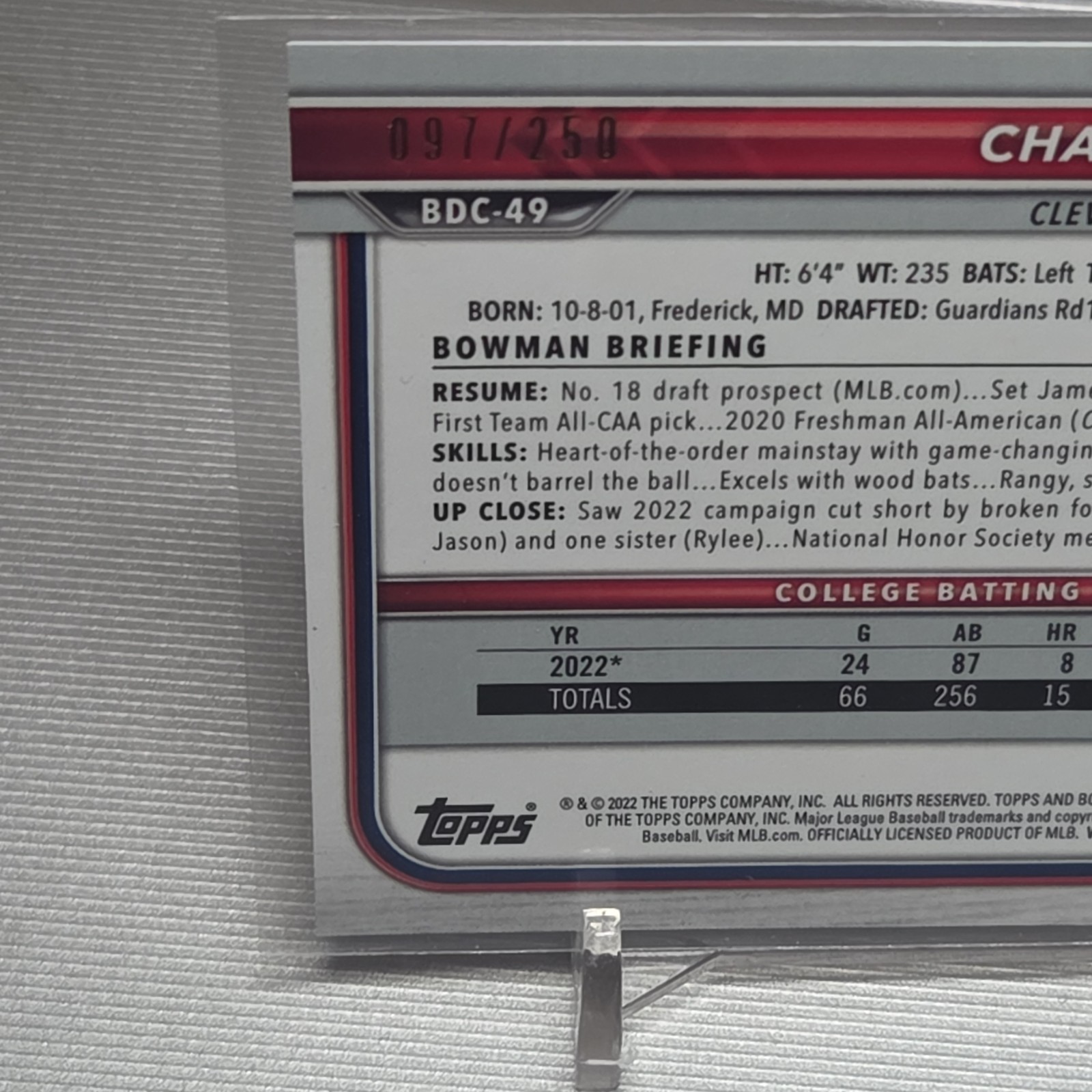 2022 Topps Bowman Draft 1st Bowman Chrome Purple Chase DeLauter BDC-49 /250 🔥