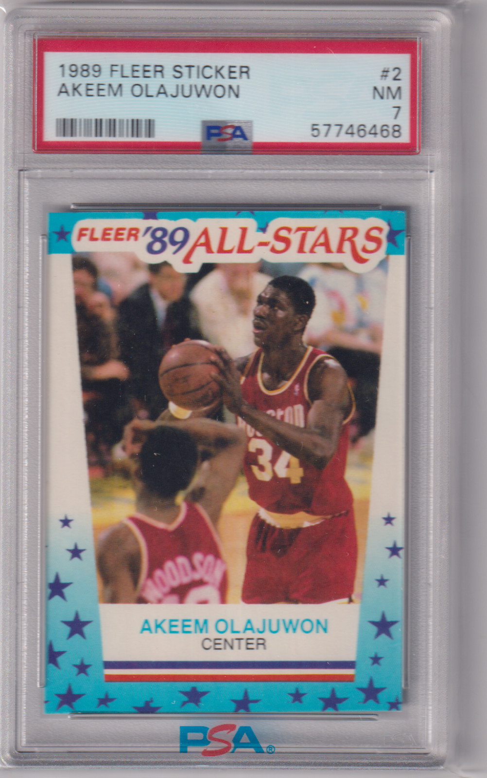 Akeem Olajuwon 1989 Fleer Basketball Sticker # 2 Rockets PSA Graded 7 Near Mint