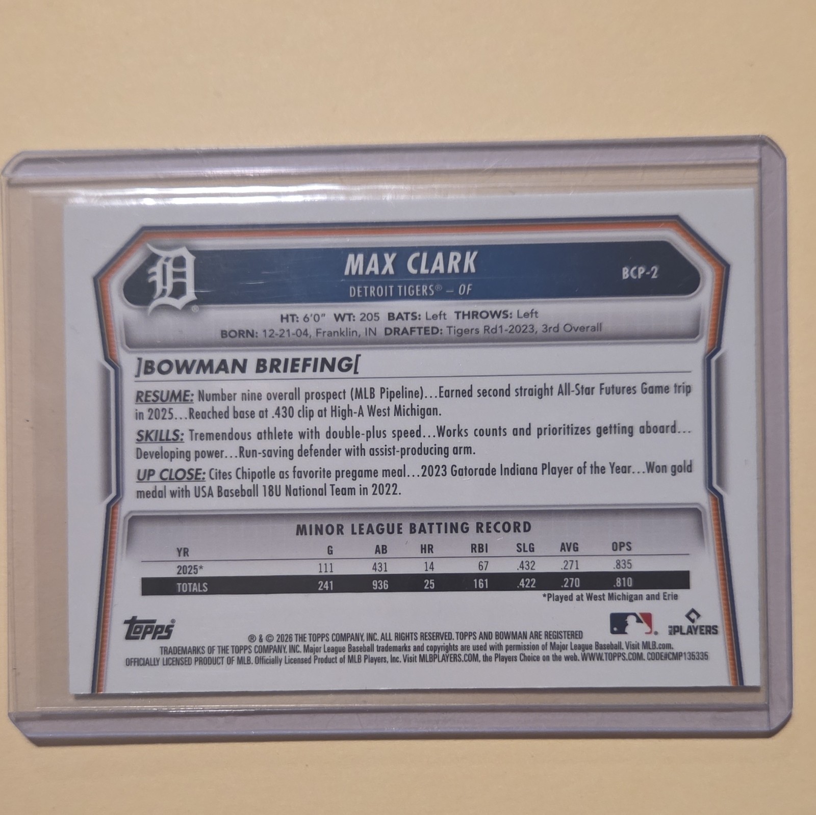 Topps Bowman Chrome 2026 Max Clark Detroit Tigers BCP-2 Parallel /89