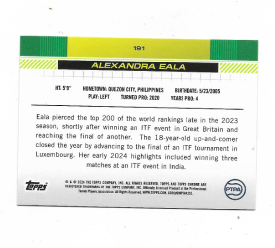 2024 TOPPS CHROME—TENNIS—ALEXANDRA EALA—LOT OF 5 BASE CARDS #191—ROOKIE