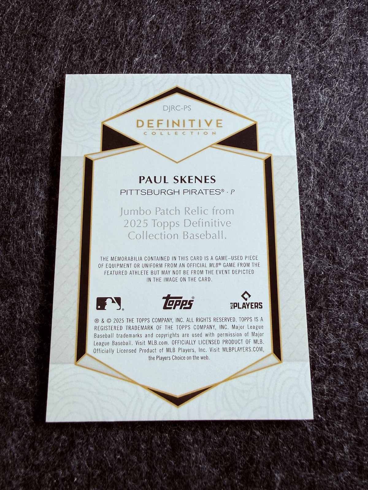 PAUL SKENES 2025 TOPPS DEFINITIVE PATCH RELIC GAME WORN USA /10 #DJRC-PS PIRATES