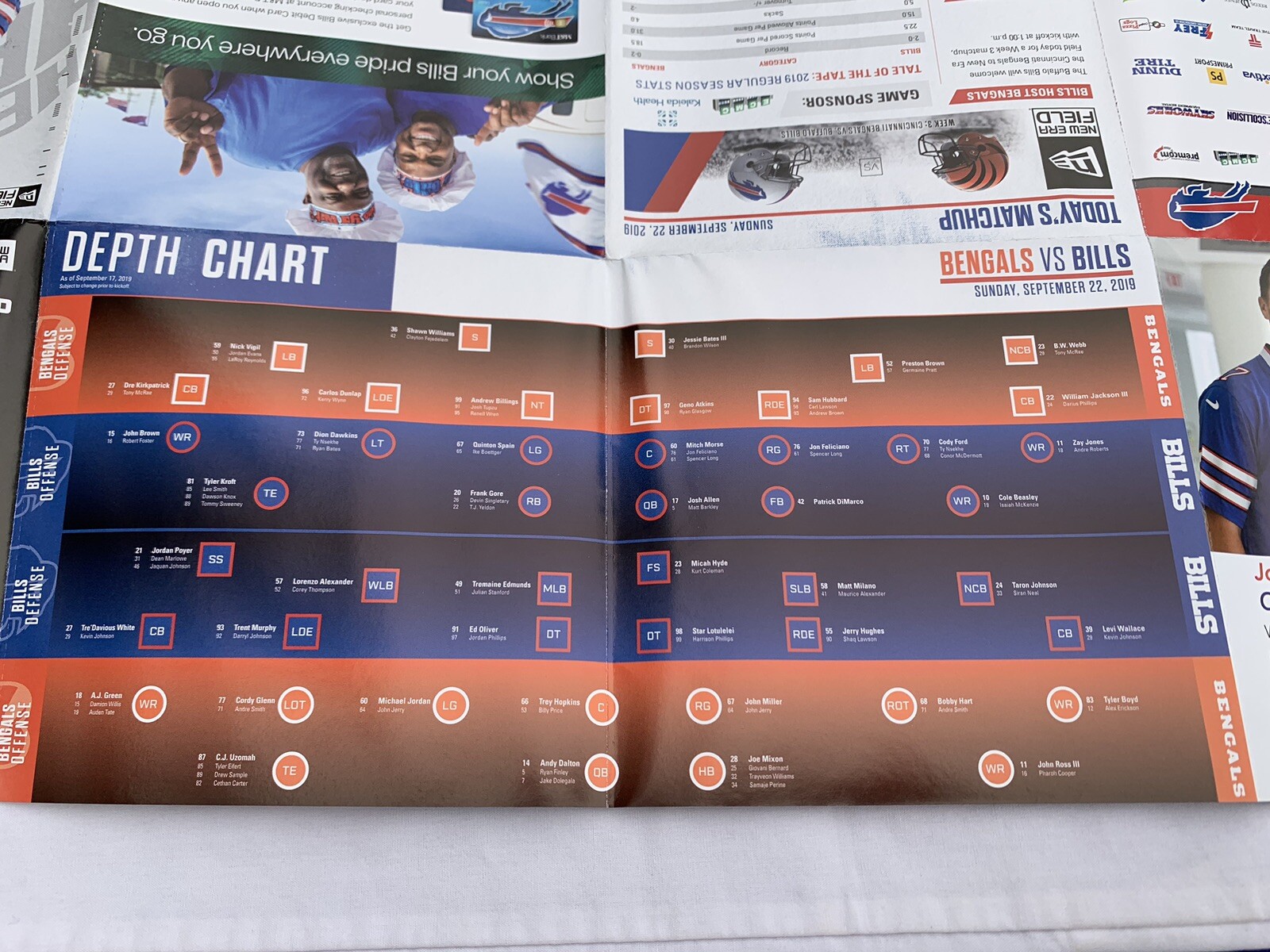 Sept 22 2019 Buffalo Bills Cincinnati Bengals Game Day Program 60 Year Towel MVP