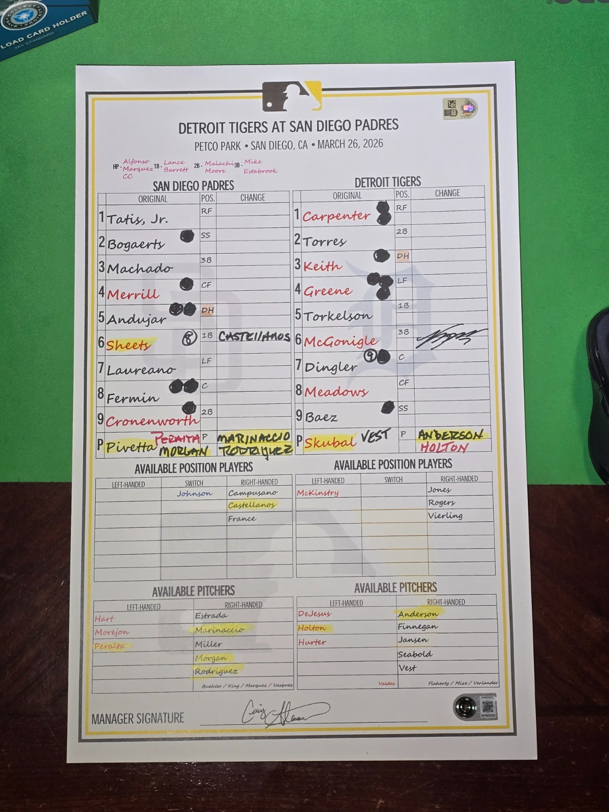 Kevin Mcgonigle Autographed MLB Authenticated Replica Lineup Card Debut 3/26/26