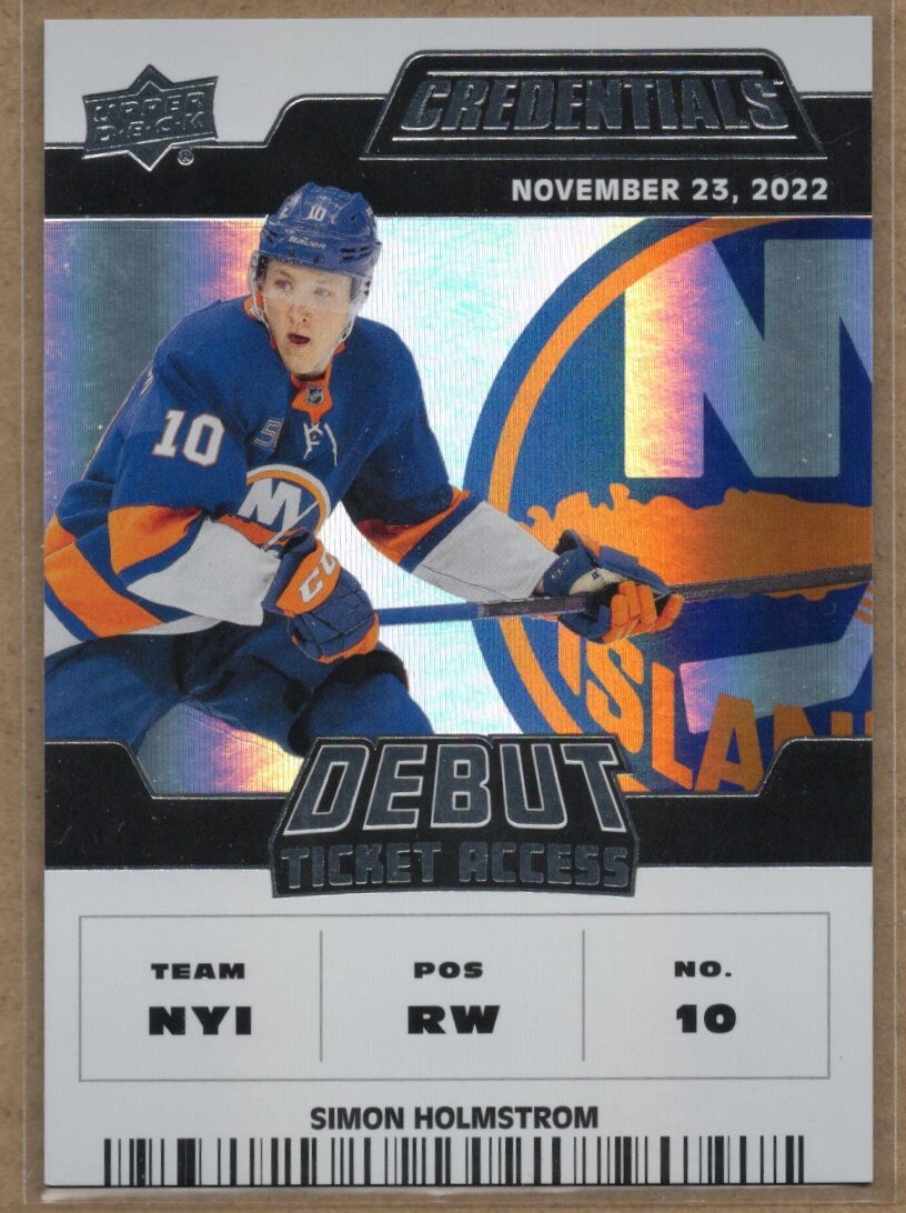 2022-23 UD Credentials Debut Ticket Access 172 Simon Holmstrom NYI #/799
