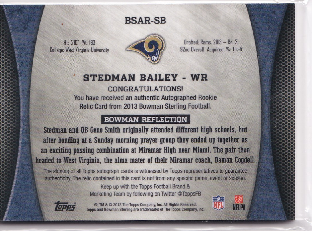2013 Bowman Sterling Stedman Bailey Rookie Auto Relics RC Jersey #/361 Rams