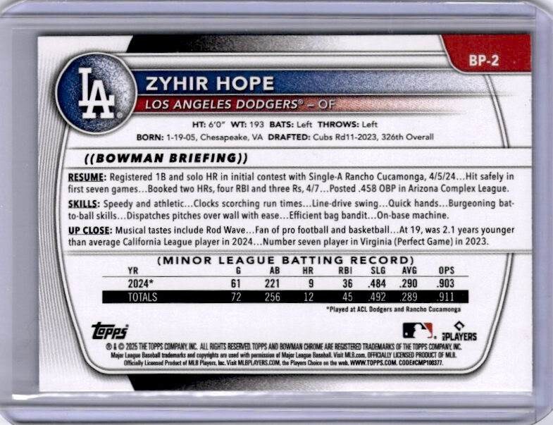 2025 Bowman – Zyhir Hope – Purple Paisley /199 #BP-2 – Dodgers