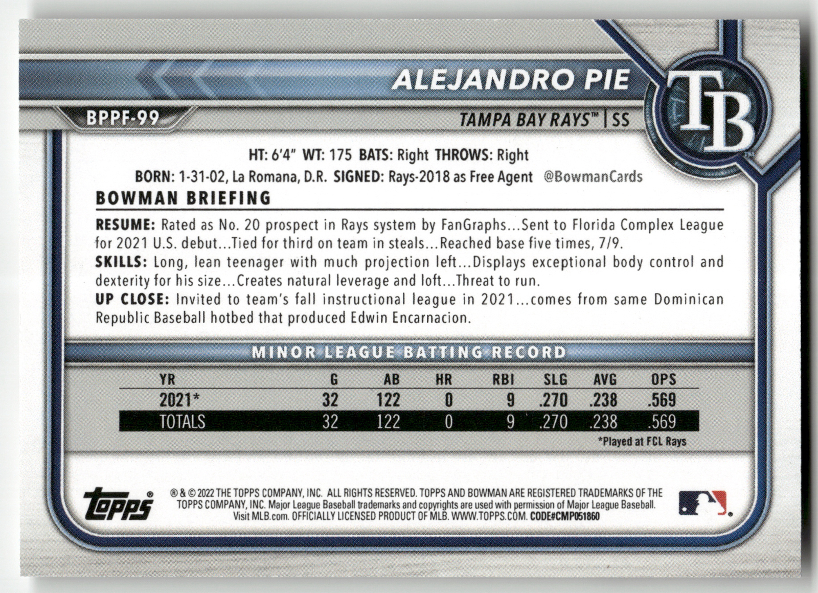 2022 Bowman 1st Edition #BPPF-99 Alejandro Pie Tampa Bay Rays