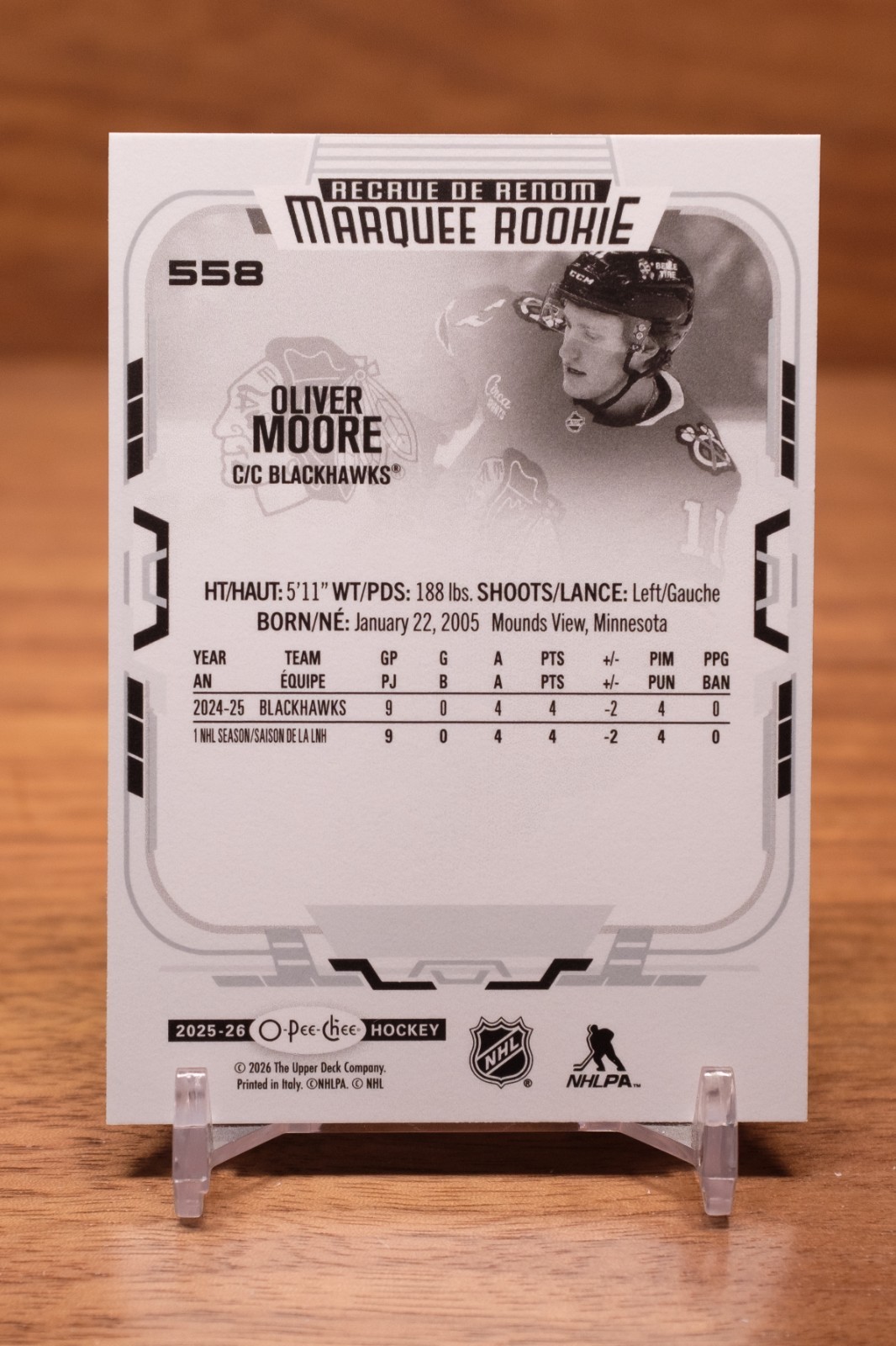 2025-26 OPC Marquee Rookie #558 Oliver Moore – Chicago Blackhawks