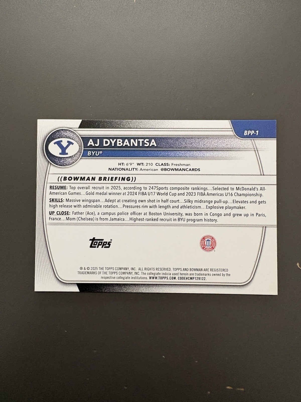 2025-26 Bowman #BPP-1 AJ Dybantsa Prospects BYU Cougars