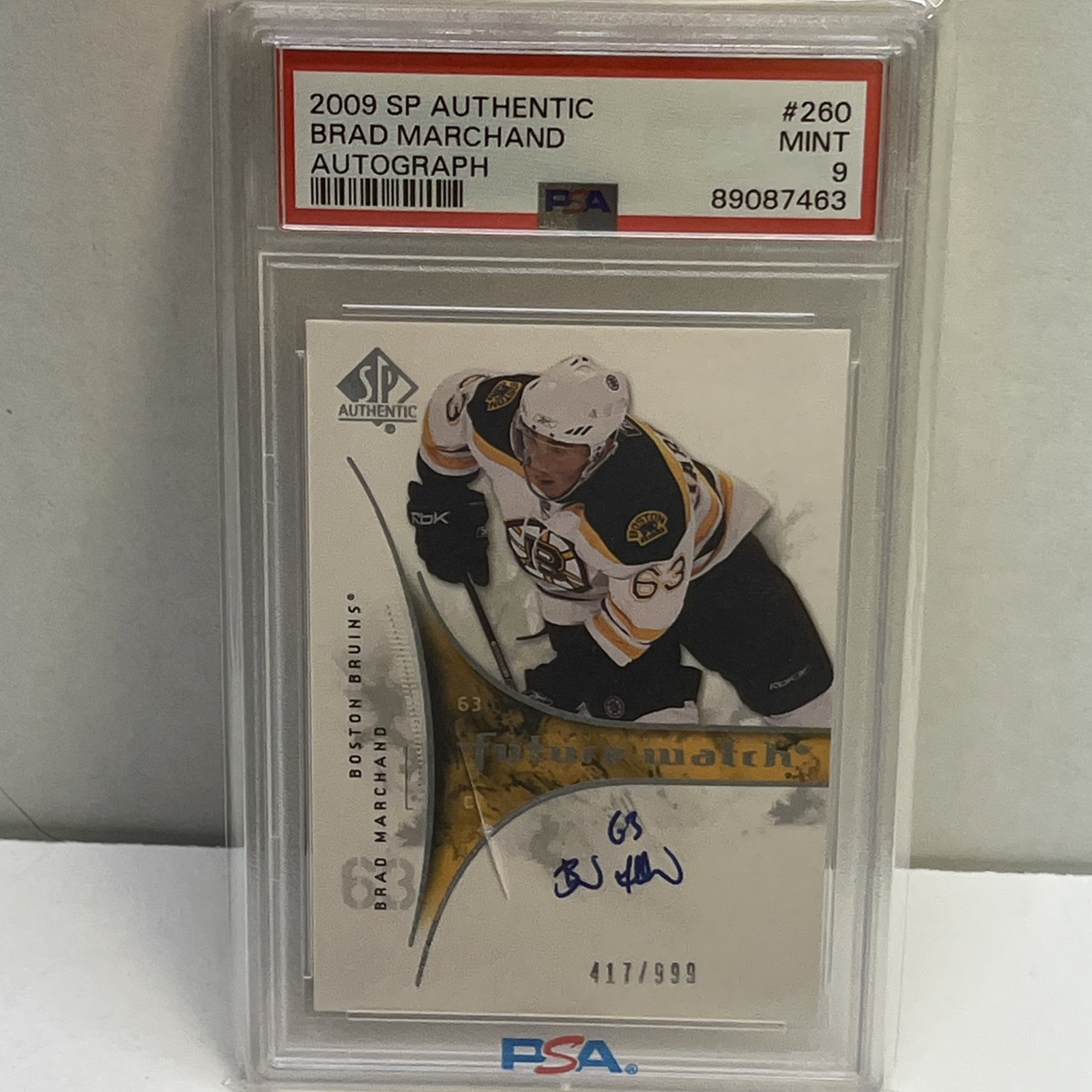 2009-10 SP Authentic Brad Marchand Auto RC Future Watch #/999 Bruins PSA 9