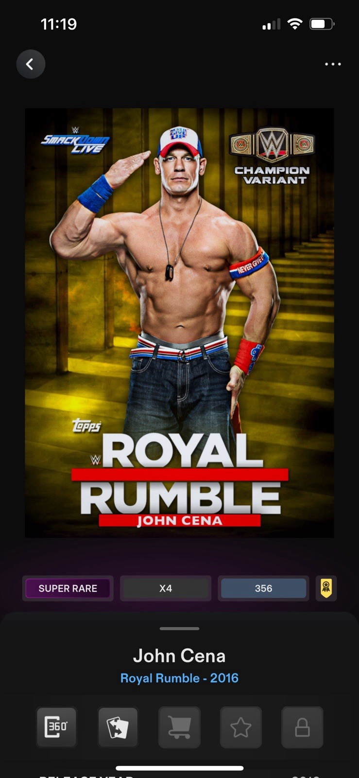 Topps Slam WWE 2016 Royal Rumble Champion Variant AWARD – John Cena 356cc