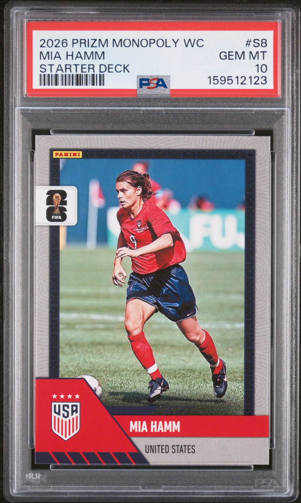 2026 PANINI PRIZM MONOPOLY FIFA WORLD CUP STARTER DECK #S8 MIA HAMM PSA 10