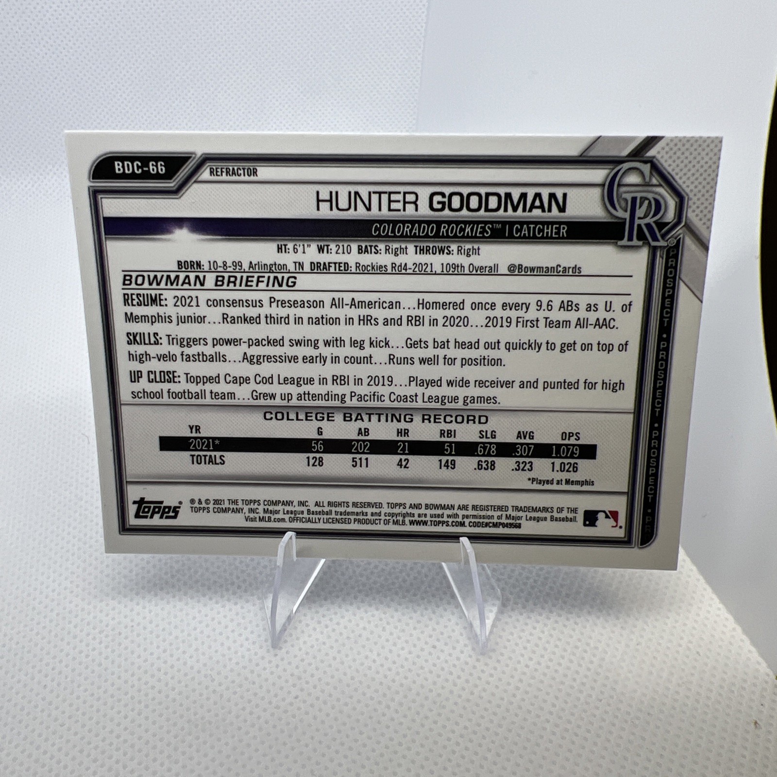 HUNTER GOODMAN 1st Bowman Refractor 2021 Bowman Chrome Draft Colorado ROCKIES