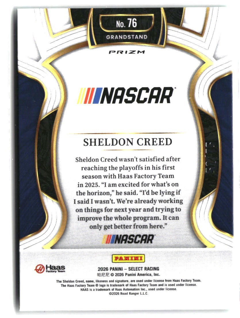 2026 Panini Select Nascar – Grandstand – Sheldon Creed #76 Neon Green Prizm /75