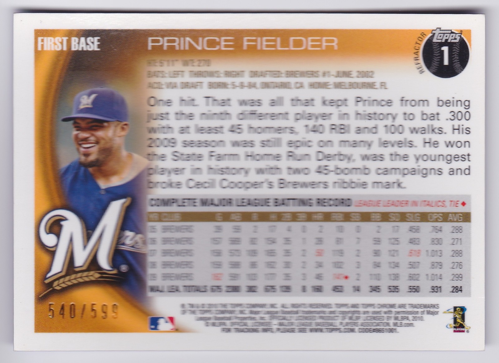 2010 Topps Chrome Prince Fielder #1 Bowling Ball Purple Refractor /599 Brewers