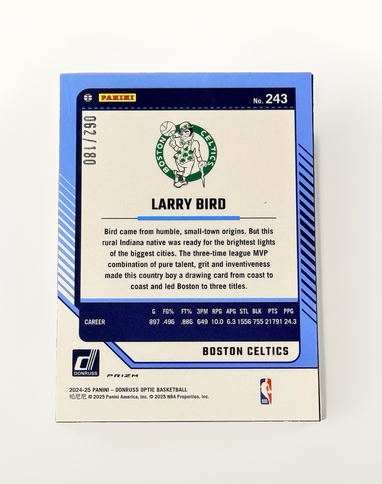 Larry Bird 2024-25 Donruss Optic Blue Sparkle Legends /180, Celtics #243
